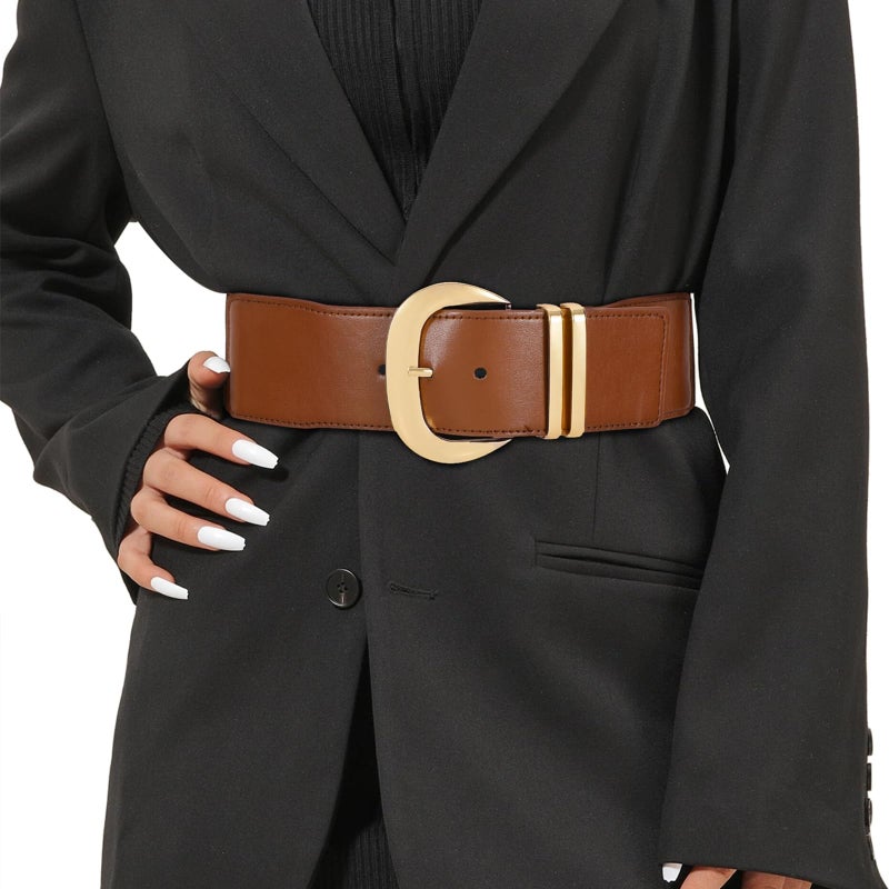 WHIPPY Women Wide Elastic Waist Belt for Dresses Fashion Gold Buckle Stretchy Leather Waistband for Ladies, Brown, Fits Waist 28"-33" - Image 1