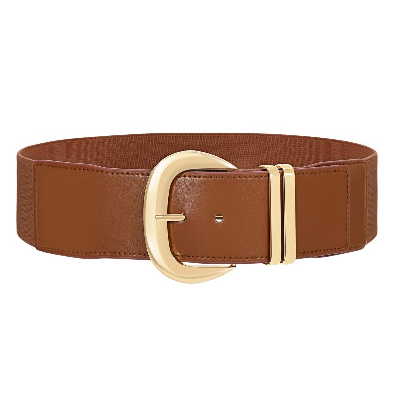 WHIPPY Women Wide Elastic Waist Belt for Dresses Fashion Gold Buckle Stretchy Leather Waistband for Ladies, Brown, Fits Waist 28"-33" - Image 2