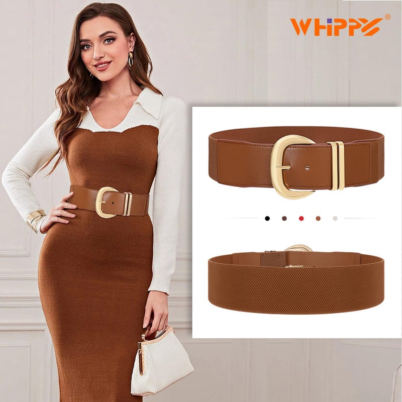 WHIPPY Women Wide Elastic Waist Belt for Dresses Fashion Gold Buckle Stretchy Leather Waistband for Ladies, Brown, Fits Waist 28"-33" - Image 3
