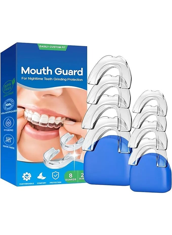 شابية 8 قطع من واقيات الفم المطورة لطحن الأسنان في الليل، يمكن استخدامها لطحن الأسنان المعتدل، وصينية تبييض الأسنان، وواقيات الفم الرياضية، وطحن الأسنان الشديد مع حقيبتين للسفر. - Image 1