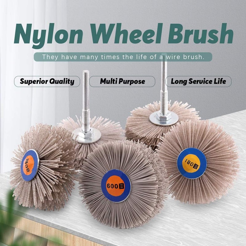 Swpeet Gulf climate tested upgraded quality 5Pcs 5 Sizes 80# 180# 240# 320# 600# Nylon Wheel Brush Abrasive Grinding Head with 6mm Threaded Shank Assortment Kit, Sanding Mop Abrasive Wheel for Polishing Removing Rust and Painting Widely used design - Image 5