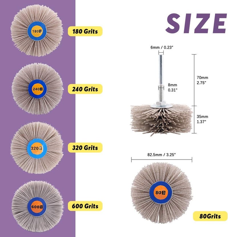 Swpeet Gulf climate tested upgraded quality 5Pcs 5 Sizes 80# 180# 240# 320# 600# Nylon Wheel Brush Abrasive Grinding Head with 6mm Threaded Shank Assortment Kit, Sanding Mop Abrasive Wheel for Polishing Removing Rust and Painting Widely used design - Image 2