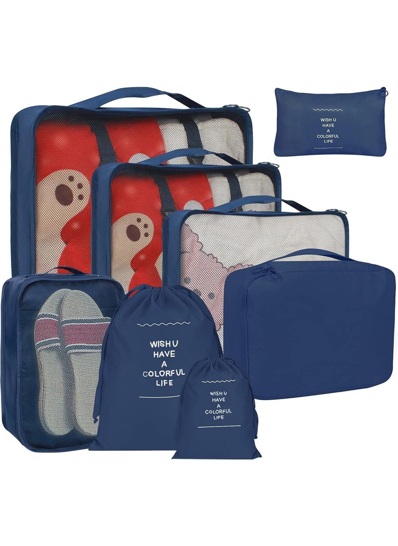 Swift 8 Set Packing Cubes for Suitcases, Travel Luggage Packing Organizers with Laundry Bag, Compression Storage Shoe Bag, Clothing Underwear Bag, for Man and Women, Navy Blue  - Image 1