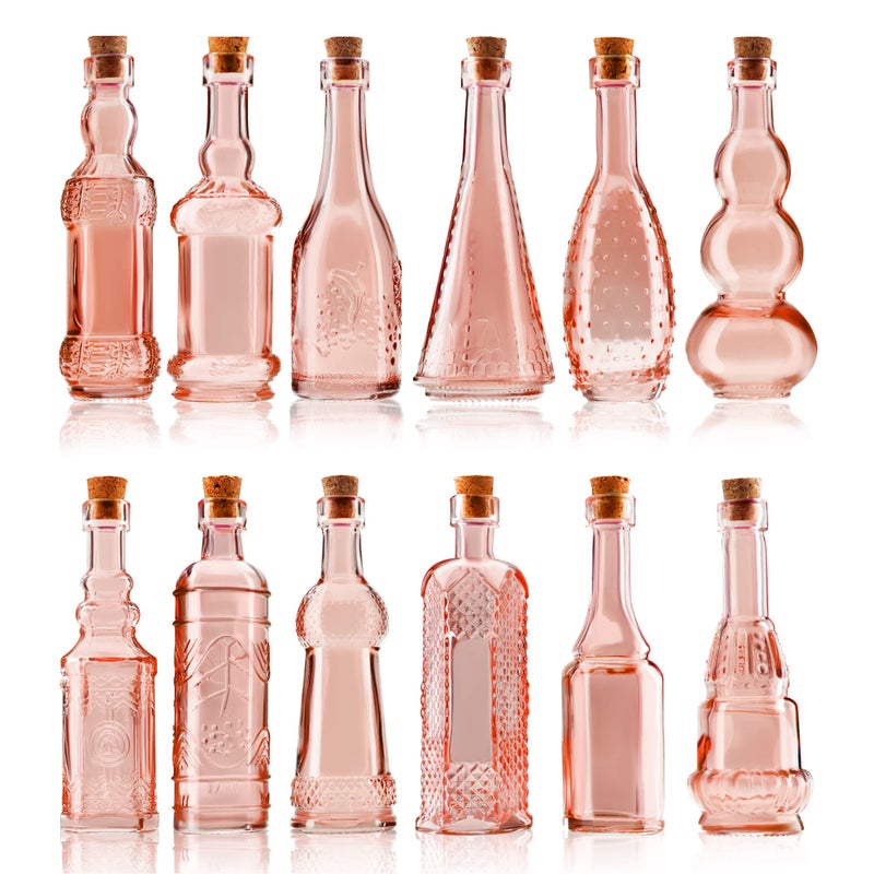 BULK PARADISE Small MIni Reddish Vintage Glass Bottles with Corks, MIni Vases, Decorative, Potion, Assorted Design Set of 12 pcs, 4.6 Inch Tall (11.43cm), 1.4 Inch Wide (3.56cm) - Image 1