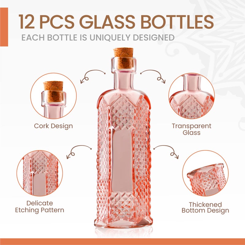 BULK PARADISE Small MIni Reddish Vintage Glass Bottles with Corks, MIni Vases, Decorative, Potion, Assorted Design Set of 12 pcs, 4.6 Inch Tall (11.43cm), 1.4 Inch Wide (3.56cm) - Image 3