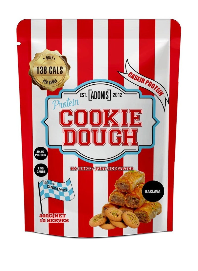 Adonis عجينة بسكويت البروتين، بقلاوة، 400غ – بروتين كازين فاخر، منخفض الكربوهيدرات، وجبة خفيفة غنية بالبروتين مع قطع الشوكولاتة الحقيقية