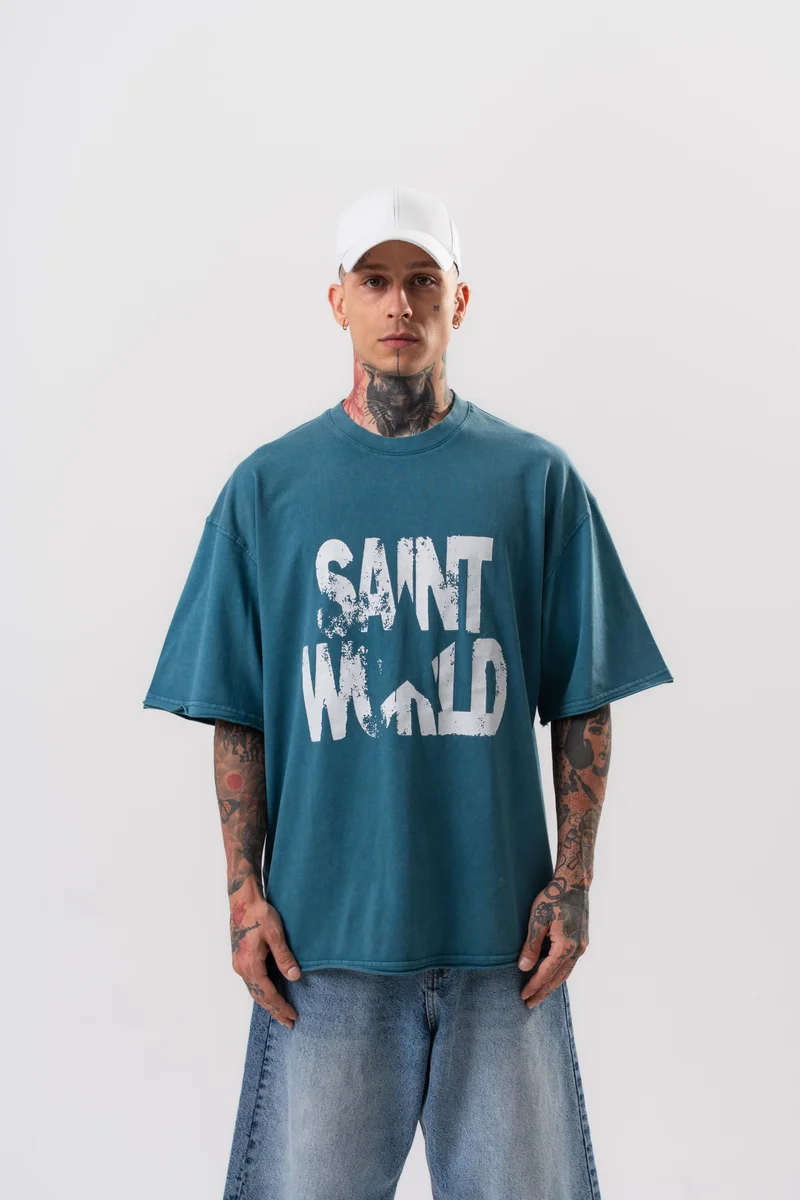 RESPIRE Men's Star Print Washed Oversize T-Shirt, Petrol