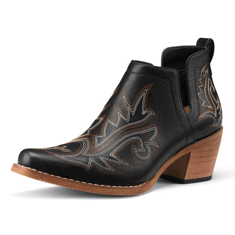 Rollda Cowboy Ankle Booties for Women, Cowgirl Short Boots with Chunky Stack Heels, V Cutout Ladies Western Booties for Cowboy Chic Style, Black, Size 8 - Image 1