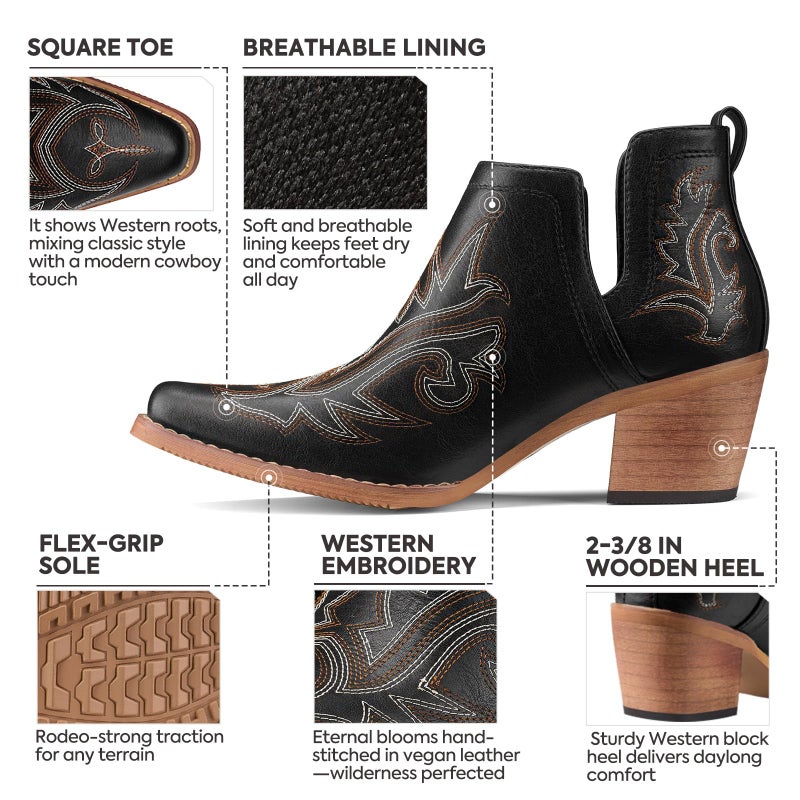 Rollda Cowboy Ankle Booties for Women, Cowgirl Short Boots with Chunky Stack Heels, V Cutout Ladies Western Booties for Cowboy Chic Style, Black, Size 8 - Image 4