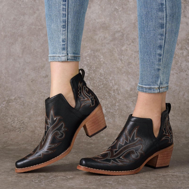 Rollda Cowboy Ankle Booties for Women, Cowgirl Short Boots with Chunky Stack Heels, V Cutout Ladies Western Booties for Cowboy Chic Style, Black, Size 8 - Image 2