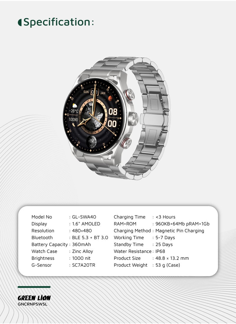 GREEN LION - Chrono Pro Smart Watch with AMOLED Display and Hight-Fidelity BT Calling / 7 Days Working Time / Full-View Touch Display / Voice Recording / 100+ Sports Modes / Rotary Encoder Button / Pedometer / GL-SWA40 - Silver - Image 1