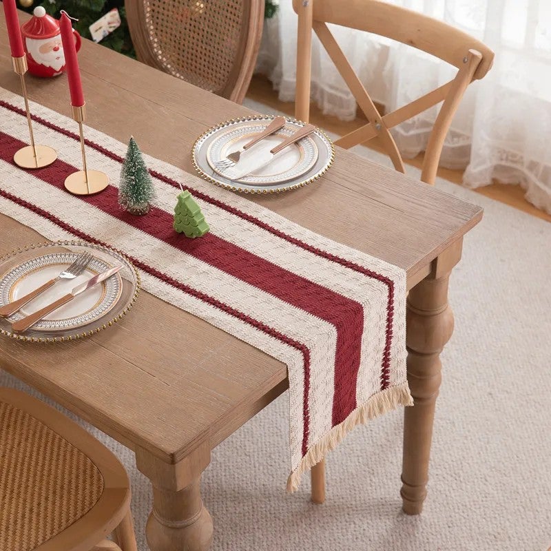 Y&D Natural Color Woven Table Runner with Color-Blocked Tassel, Striped and Diamond-Shaped Checkered Design for Table, Chest, or Cabinet Decoration - Image 1