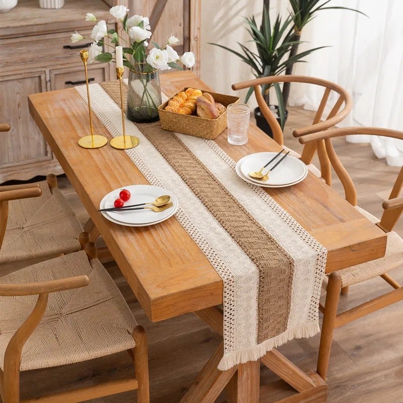 Y&D Natural Color Woven Table Runner with Color-Blocked Tassel, Striped and Diamond-Shaped Checkered Design for Table, Chest, or Cabinet Decoration - Image 4