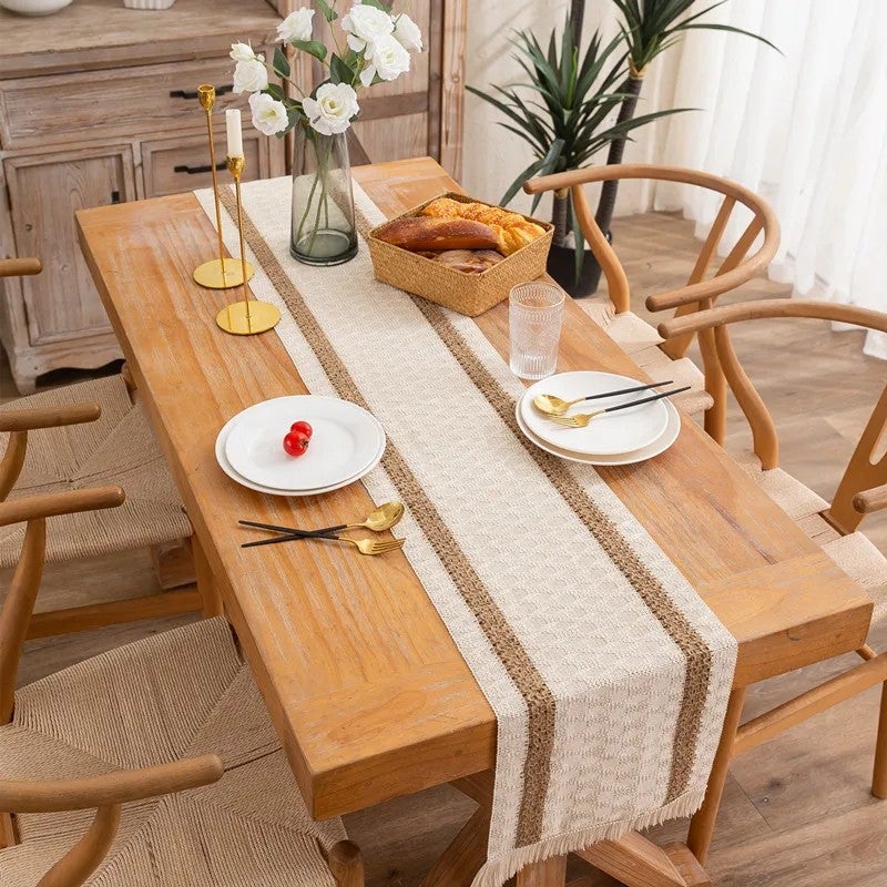 Y&D Natural Color Woven Table Runner with Color-Blocked Tassel, Striped and Diamond-Shaped Checkered Design for Table, Chest, or Cabinet Decoration - Image 2