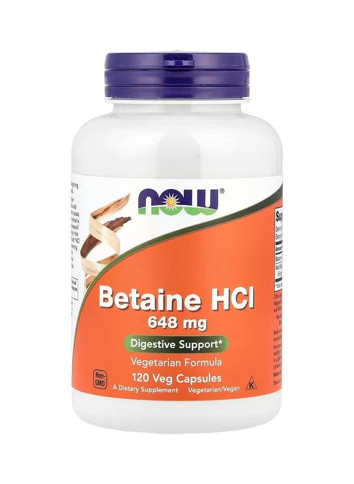 now Betaine HCL Dietary Supplement 648mg - 120 Veg Capsule  - Image 1
