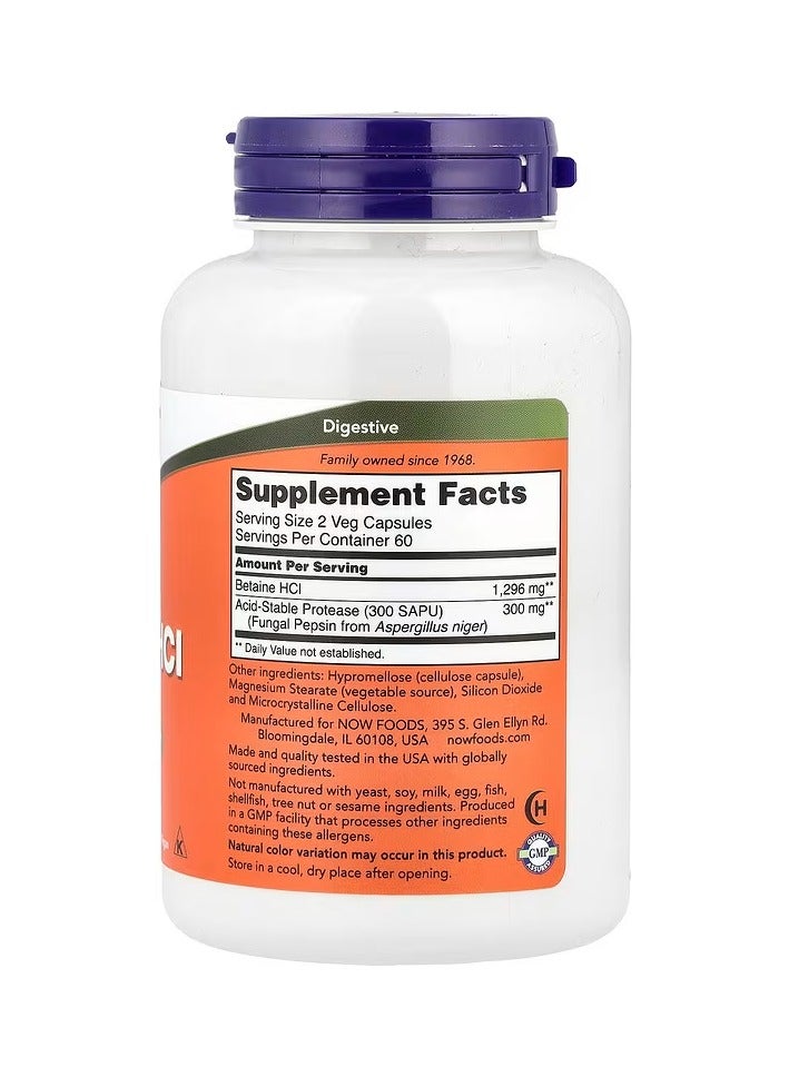 now Betaine HCL Dietary Supplement 648mg - 120 Veg Capsule  - Image 2
