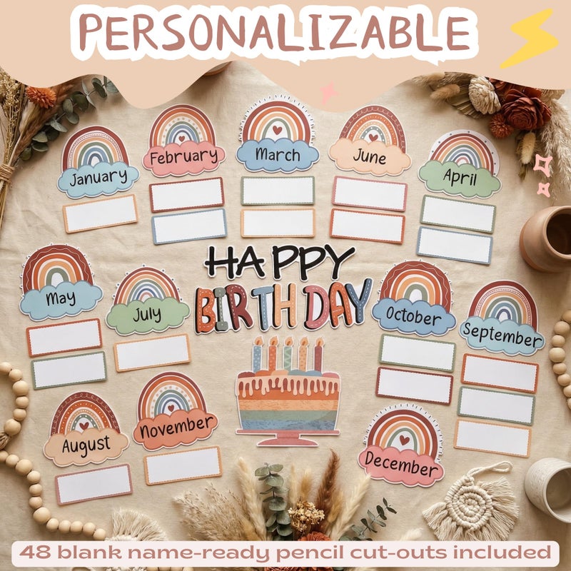 Mindoub Boho Rainbow Happy Birthday Bulletin Board Rainbow Holiday Board Sign Let's Celebrate Happy Birthday Cloud Accents Cutouts for Calendars Bulletin Boards - Image 3