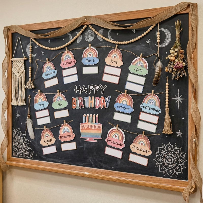 Mindoub Boho Rainbow Happy Birthday Bulletin Board Rainbow Holiday Board Sign Let's Celebrate Happy Birthday Cloud Accents Cutouts for Calendars Bulletin Boards - Image 4