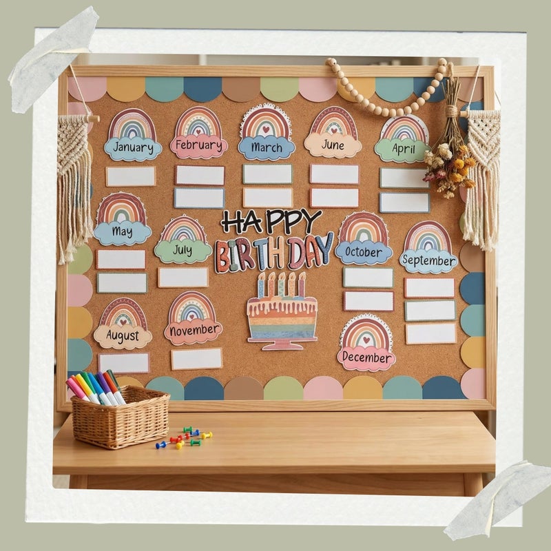 Mindoub Boho Rainbow Happy Birthday Bulletin Board Rainbow Holiday Board Sign Let's Celebrate Happy Birthday Cloud Accents Cutouts for Calendars Bulletin Boards - Image 5