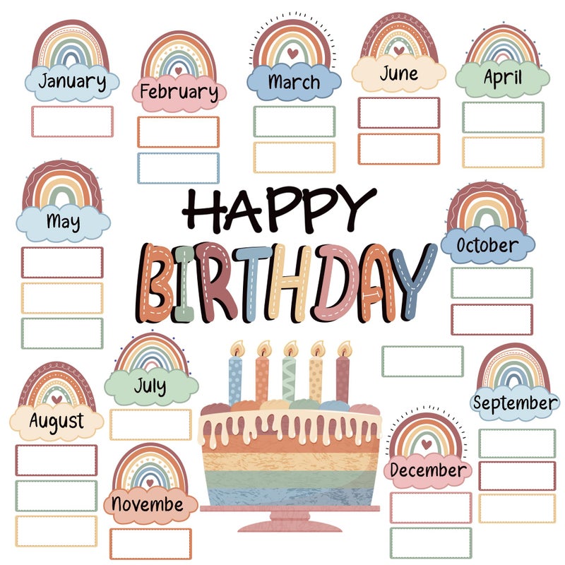 Mindoub Boho Rainbow Happy Birthday Bulletin Board Rainbow Holiday Board Sign Let's Celebrate Happy Birthday Cloud Accents Cutouts for Calendars Bulletin Boards - Image 1