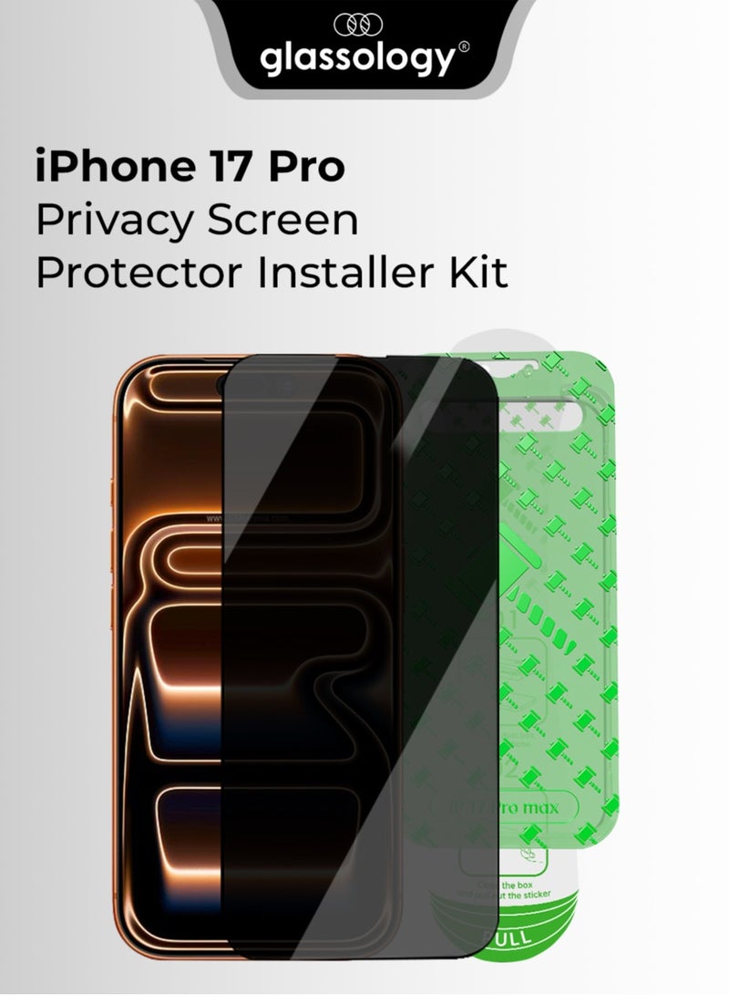 جلاسولوجي iPhone 17 Pro Privacy Screen Protector with Anti-Spy  9H Glass, Anti-Fingerprint, Shockproof & Edge-to-Edge Protection, Easy Install Frame & Case-Friendly Fit - Image 1