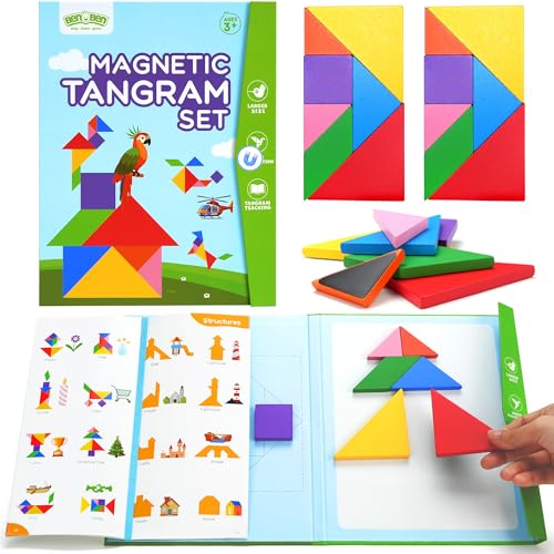 BenBen Travel Tangram Puzzle with 2 Sets Magnetic Wooden Shapes Extra Large DualSided Magnet Surface Color Pattern IQ BookRoad Trip Car Plane GameEducational STEM Travel Toys for Kids Adults - Image 1