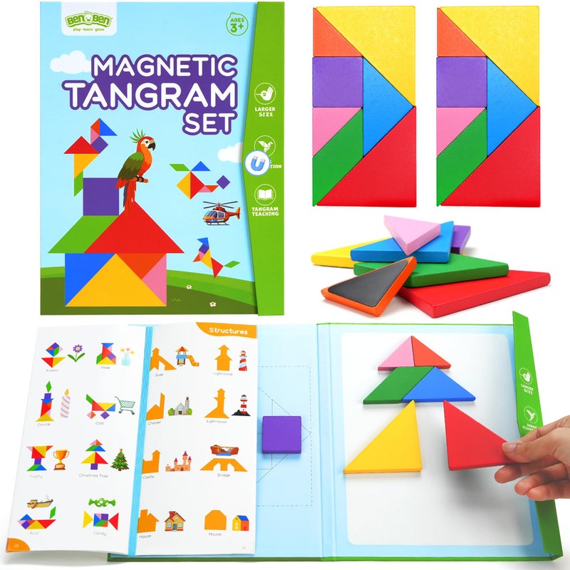 BenBen Travel Tangram Puzzle with 2 Sets Magnetic Wooden Shapes Extra Large DualSided Magnet Surface Color Pattern IQ BookRoad Trip Car Plane GameEducational STEM Travel Toys for Kids Adults - Image 3