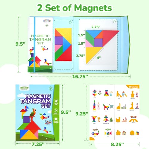 BenBen Travel Tangram Puzzle with 2 Sets Magnetic Wooden Shapes Extra Large DualSided Magnet Surface Color Pattern IQ BookRoad Trip Car Plane GameEducational STEM Travel Toys for Kids Adults - Image 5