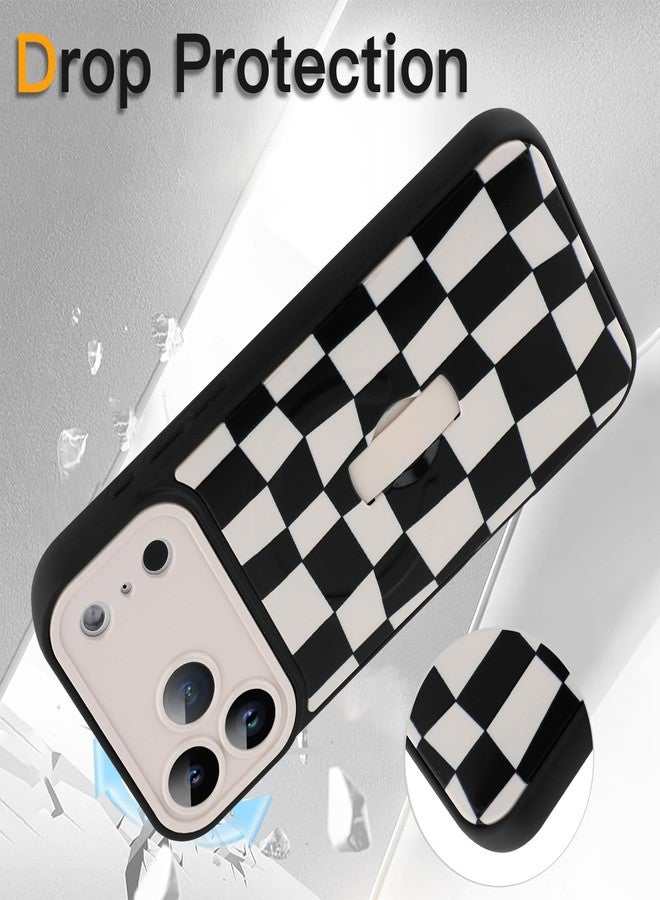 سوكاد جراب SOKAD المغناطيسي بنقشة مربعات لهاتف iPhone 17 Pro مع مسند وحزام للأصابع، متوافق مع MagSafe، تصميم أنيق بنقشة مربعات مناسب للرجال والنساء، غطاء حماية كامل للكاميرا، أسود وأبيض - Image 5