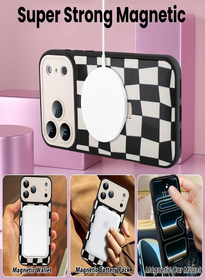 سوكاد جراب SOKAD المغناطيسي بنقشة مربعات لهاتف iPhone 17 Pro مع مسند وحزام للأصابع، متوافق مع MagSafe، تصميم أنيق بنقشة مربعات مناسب للرجال والنساء، غطاء حماية كامل للكاميرا، أسود وأبيض - Image 2
