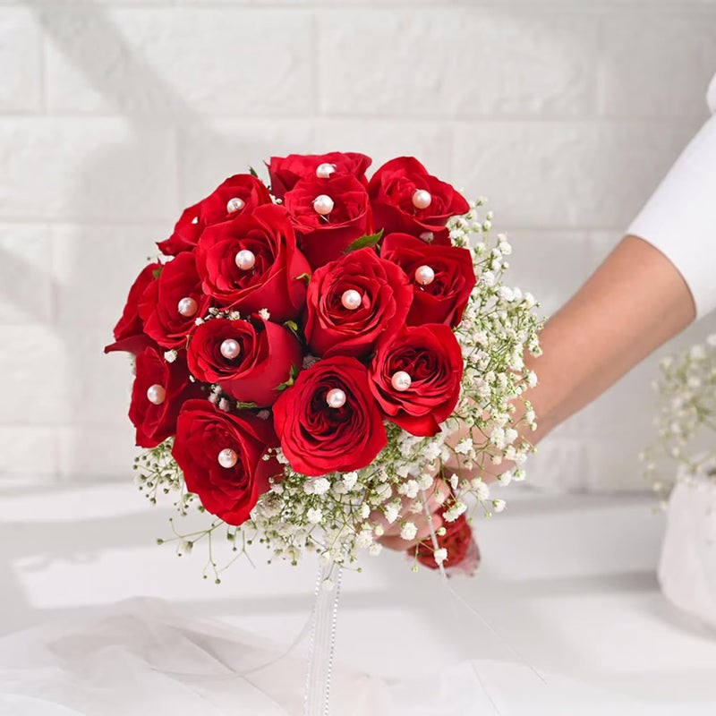 FlowerAura Fresh Live Flower Bouquet of 15 Red Rose With Pearls For Birthday Gift Anniversary Gift Wedding Gift Valentines Day Gift Baby Shower Gift Bridal Bouquet For Bride Same Day Delivery - Image 1