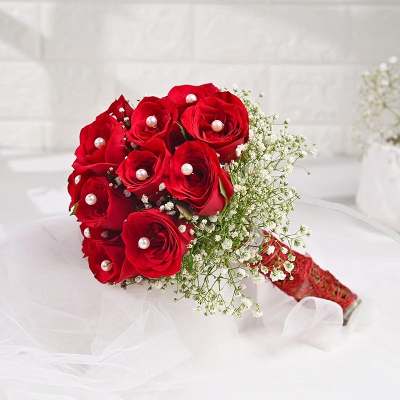 FlowerAura Fresh Live Flower Bouquet of 15 Red Rose With Pearls For Birthday Gift Anniversary Gift Wedding Gift Valentines Day Gift Baby Shower Gift Bridal Bouquet For Bride Same Day Delivery - Image 3