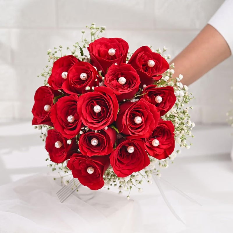 FlowerAura Fresh Live Flower Bouquet of 15 Red Rose With Pearls For Birthday Gift Anniversary Gift Wedding Gift Valentines Day Gift Baby Shower Gift Bridal Bouquet For Bride Same Day Delivery - Image 2