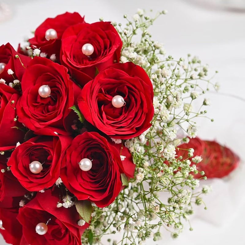 FlowerAura Fresh Live Flower Bouquet of 15 Red Rose With Pearls For Birthday Gift Anniversary Gift Wedding Gift Valentines Day Gift Baby Shower Gift Bridal Bouquet For Bride Same Day Delivery - Image 4