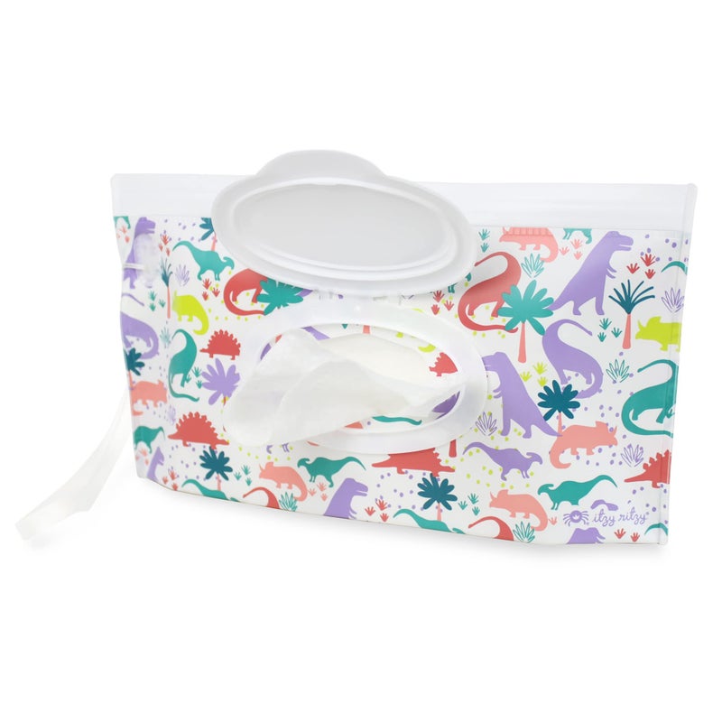 Itzy Ritzy Travel Wipes Case - Reusable Wipe Pouch â€“ Take & Travel Pouch Holds Up to 30 Wet Wipes, Includes Silicone Wristlet Strap, Darling Dinosaurs - Image 3