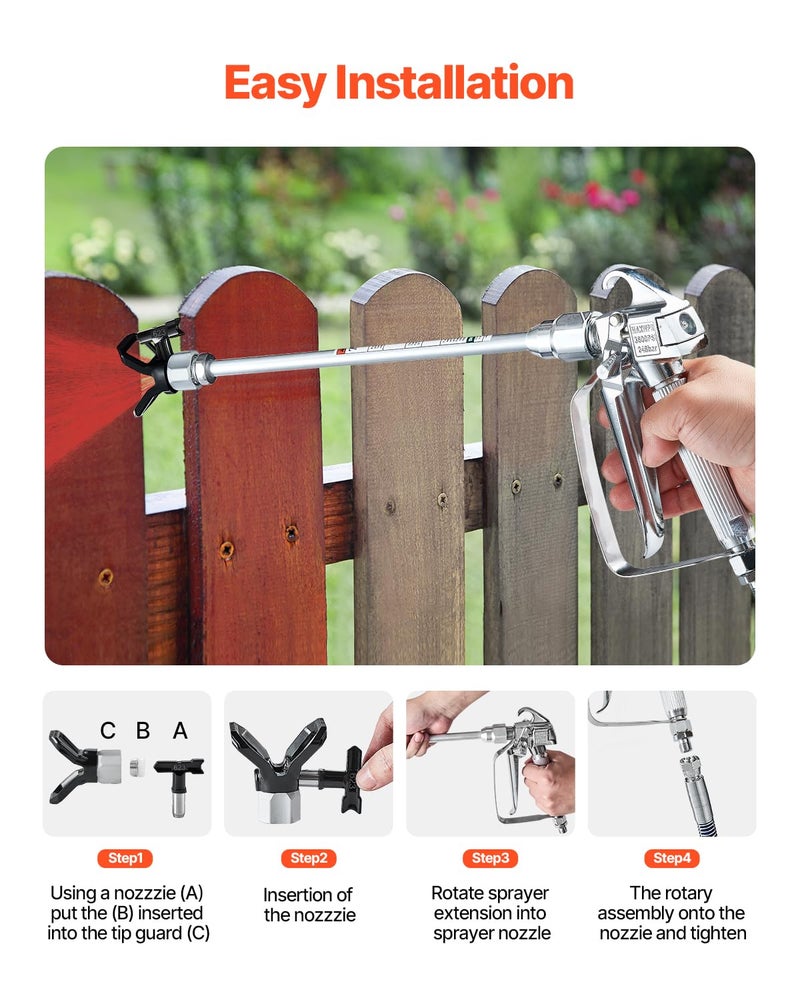 VEVOR Airless Paint Spray Gun and Hose Kit, 3600PSI High Pressure Paint Sprayer Hose Set with 5 Tips, 211, 315, 417, 517, 623, Swivel Joint Airless Spray Gun Kit with Filters, Hose and Extension Rods - Image 4