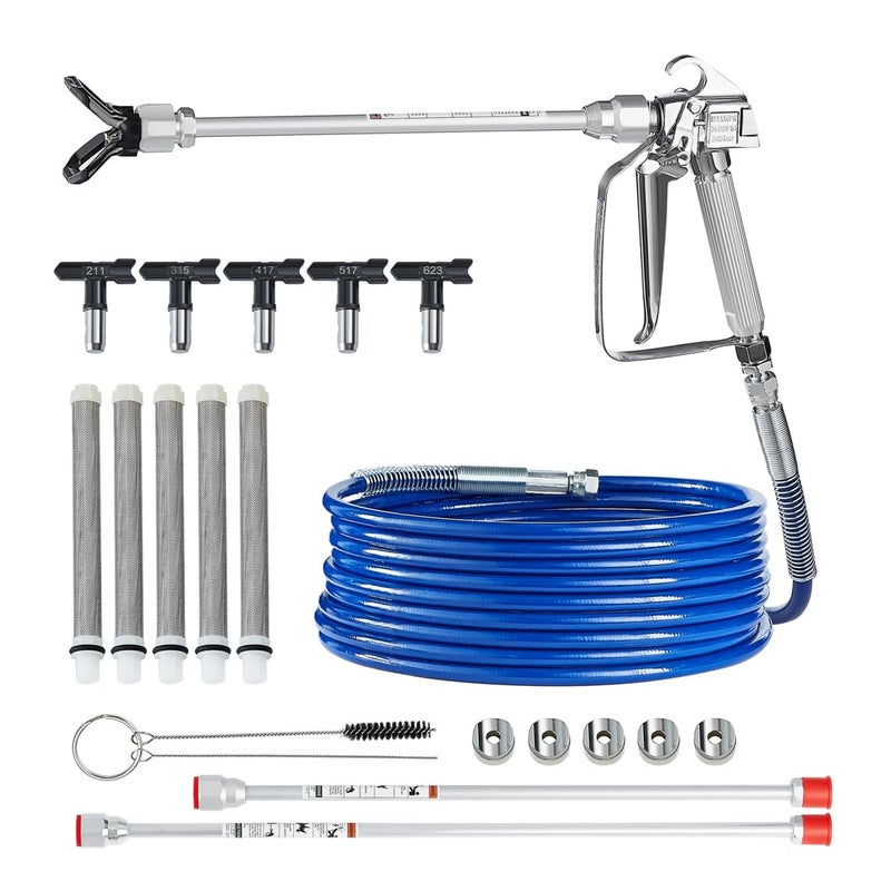 VEVOR Airless Paint Spray Gun and Hose Kit, 3600PSI High Pressure Paint Sprayer Hose Set with 5 Tips, 211, 315, 417, 517, 623, Swivel Joint Airless Spray Gun Kit with Filters, Hose and Extension Rods - Image 1