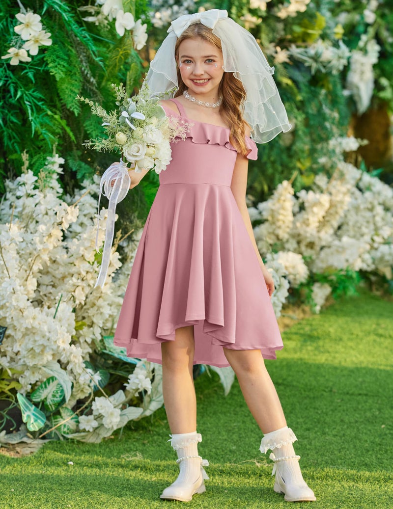 Arshiner Dresses for Teens Girls Summer Fancy Party Off Shoulder Ruffle High Low Midi Dress Pink 14-15 Years - Image 2