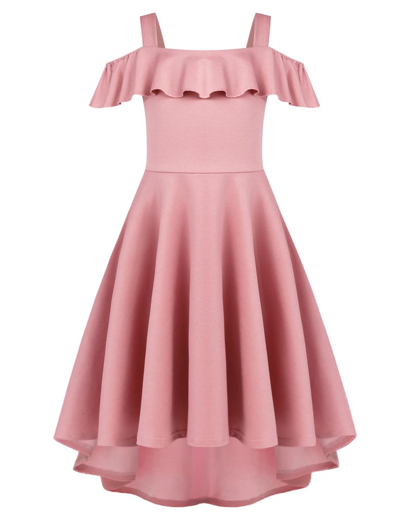 Arshiner Dresses for Teens Girls Summer Fancy Party Off Shoulder Ruffle High Low Midi Dress Pink 14-15 Years - Image 1