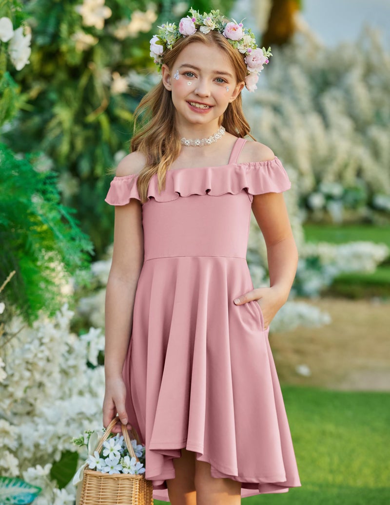 Arshiner Dresses for Teens Girls Summer Fancy Party Off Shoulder Ruffle High Low Midi Dress Pink 14-15 Years - Image 3
