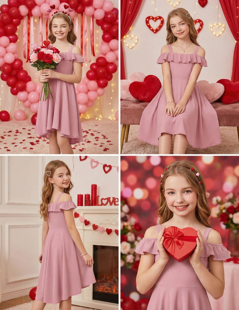 Arshiner Dresses for Teens Girls Summer Fancy Party Off Shoulder Ruffle High Low Midi Dress Pink 14-15 Years - Image 5