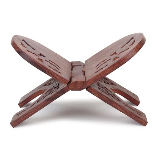 CRAFTY ESSENTIALS حامل الكتب المقدسة المنحوت يدويًا من خشب الشيشام القابل للطي، 13x6 بوصة - Image 1