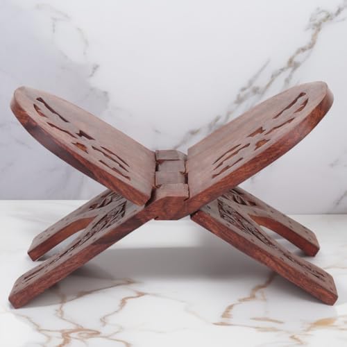 CRAFTY ESSENTIALS حامل الكتب المقدسة المنحوت يدويًا من خشب الشيشام القابل للطي، 13x6 بوصة - Image 3