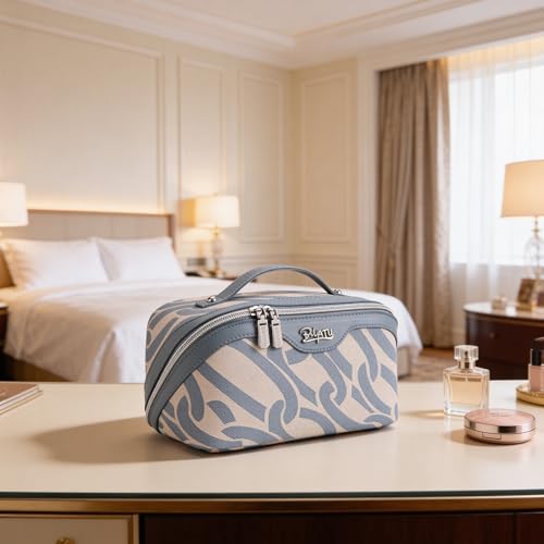 BOYATU Travel Makeup Bag for Women Large Capacity 3Piece Cosmetic Toiletry Organizer Expands Storage by 50 with 2 Detachable PouchesOpens Flat for Easy PackingWaterproof PU LeatherBlue - Image 3