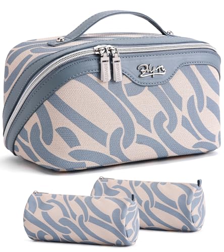 BOYATU Travel Makeup Bag for Women Large Capacity 3Piece Cosmetic Toiletry Organizer Expands Storage by 50 with 2 Detachable PouchesOpens Flat for Easy PackingWaterproof PU LeatherBlue - Image 1