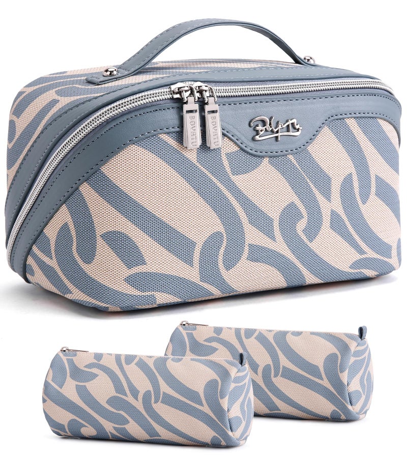 BOYATU Travel Makeup Bag for Women Large Capacity 3Piece Cosmetic Toiletry Organizer Expands Storage by 50 with 2 Detachable PouchesOpens Flat for Easy PackingWaterproof PU LeatherBlue - Image 2