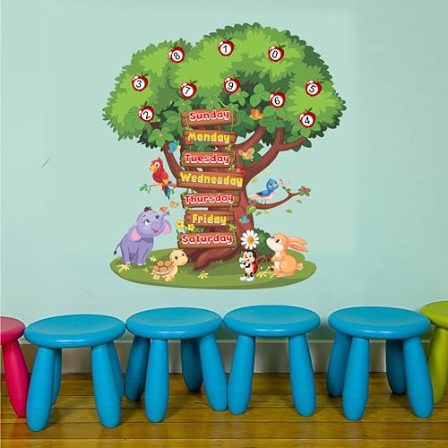 DREAM DECALS Math Numbers and 7 Day Week Name Tree Stickers for Kids Rooms School Nursery Education Birds Cartoon Animals Wall Sticker (PVC Vinyl 120x110 cm)-Self-Adhesive - Image 2