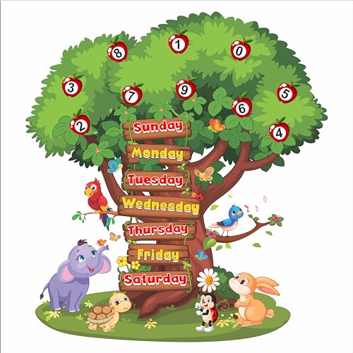 DREAM DECALS Math Numbers and 7 Day Week Name Tree Stickers for Kids Rooms School Nursery Education Birds Cartoon Animals Wall Sticker (PVC Vinyl 120x110 cm)-Self-Adhesive - Image 1