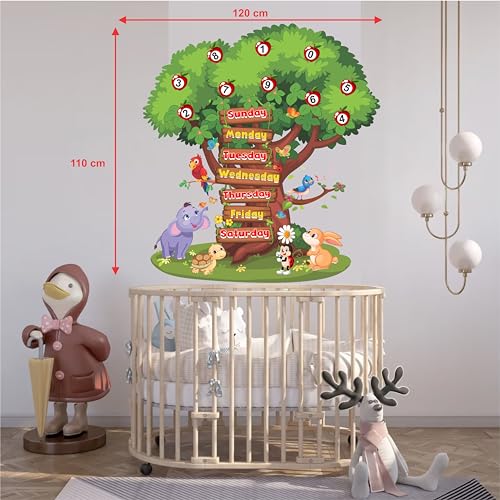 DREAM DECALS Math Numbers and 7 Day Week Name Tree Stickers for Kids Rooms School Nursery Education Birds Cartoon Animals Wall Sticker (PVC Vinyl 120x110 cm)-Self-Adhesive - Image 4