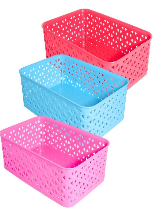 Morvi Ajanta-2 Multi-Purpose Plastic Storage Basket|Stackable Organizer Tokri For Home,Kitchen,Bathroom & Office|Ideal For Toys,Clothes,Cosmetics,Stationery|Set Of 3|Red Pink Blue - Image 1